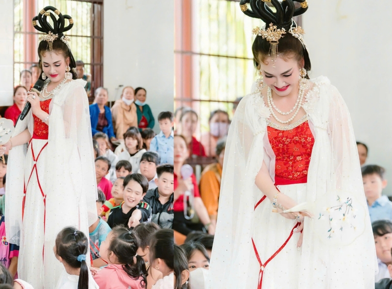 Hoa hậu Tuyết Mai trao quà và hóa thân Hằng Nga xinh đẹp nhân dịp Trung Thu tại chùa Long Thành